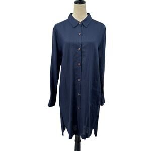 Go Silk Navy Blue 100% Linen Long Sleeves Button Front Shift Shirt Dress